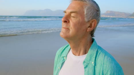 Side-view-of-active-senior-Caucasian-man-standing-with-eyes-closed-on-the-beach-4k
