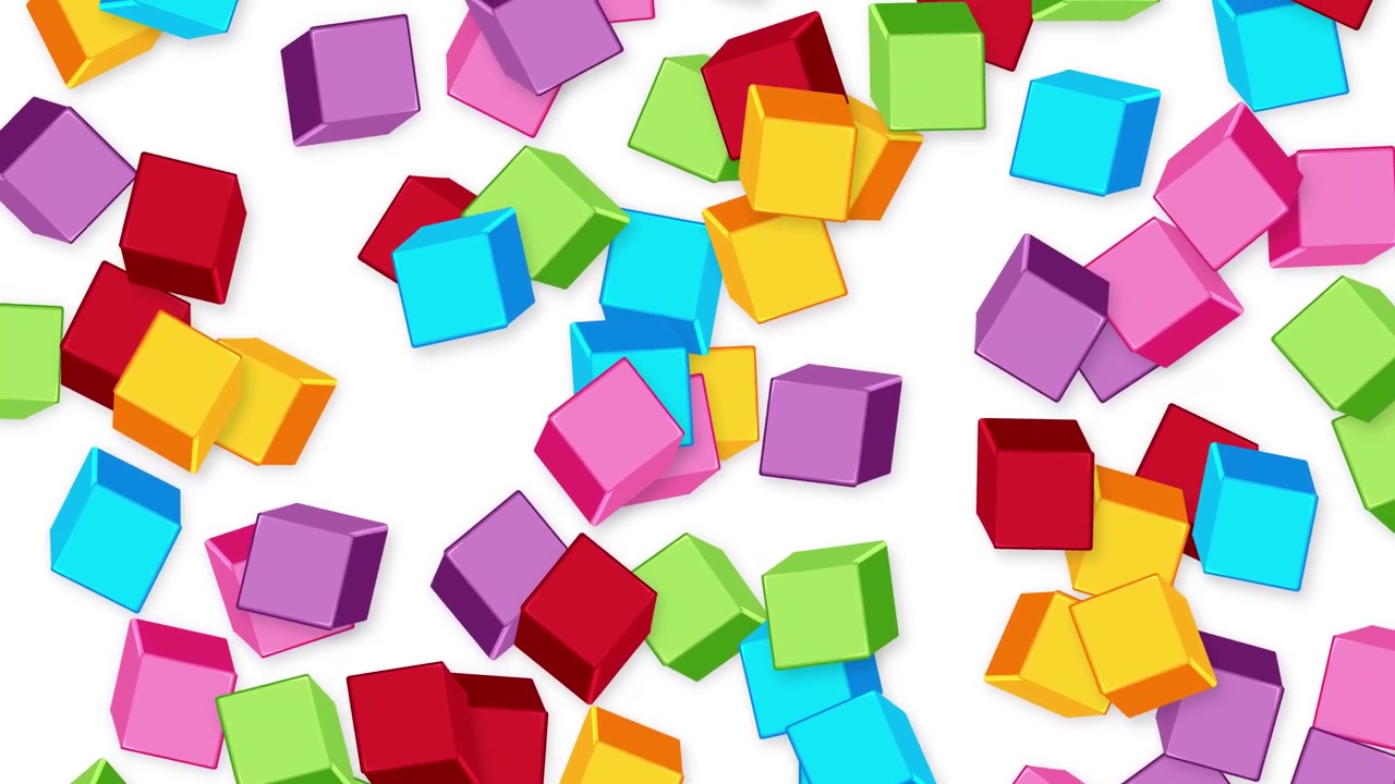 Animazione astratta di cubi colorati fluttuanti su sfondo bianco.
