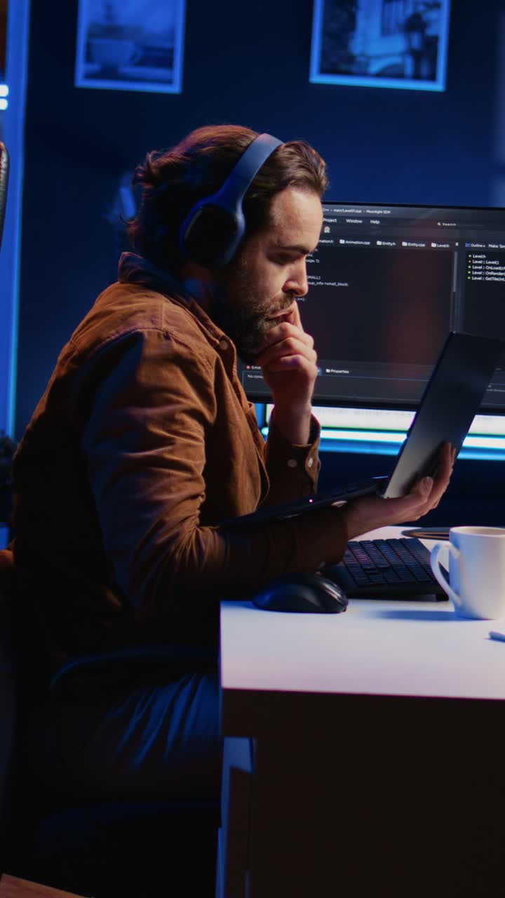 Man Working on Laptop and Desktop Computer at Night