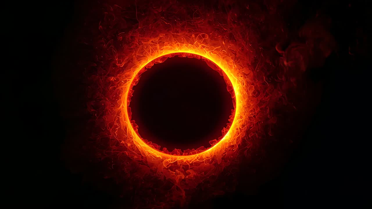 Bright orange plasma igniting around central dark disc in black void, forming swirling flame ring