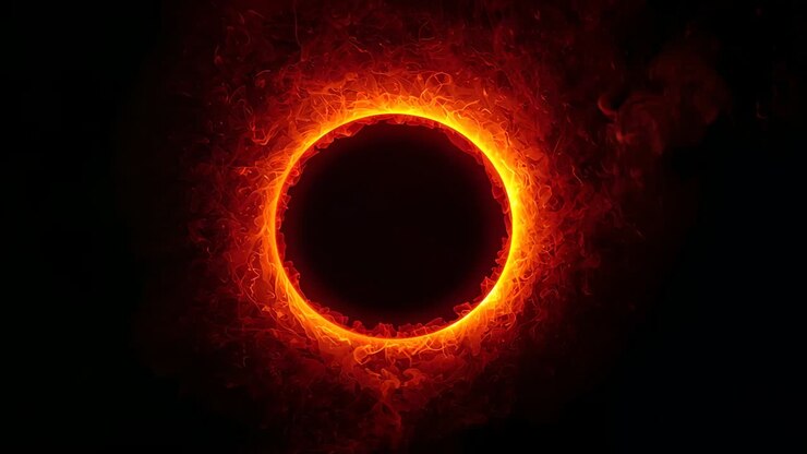 Bright orange plasma igniting around central dark disc in black void, forming swirling flame ring
