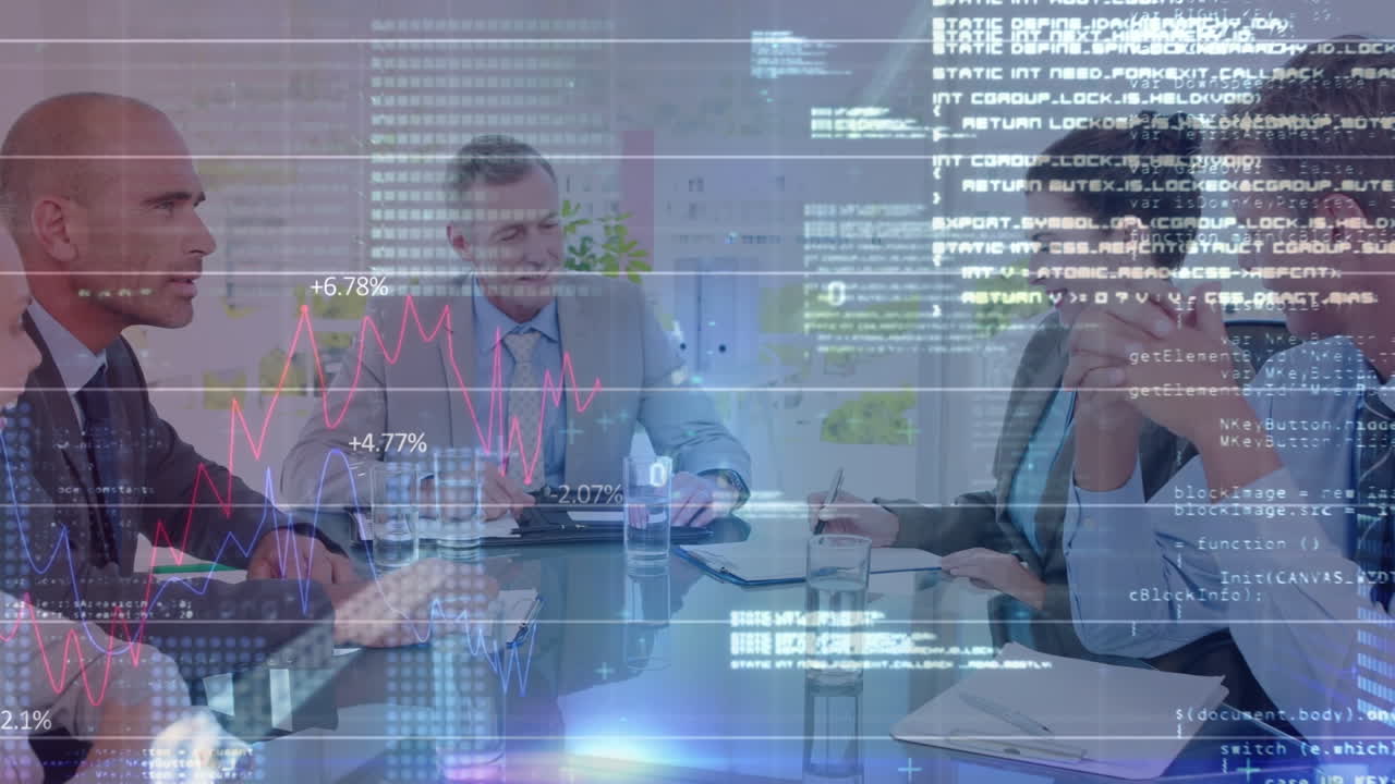 animación de datos financieros y gráfico sobre diversos empresarios en la oficina