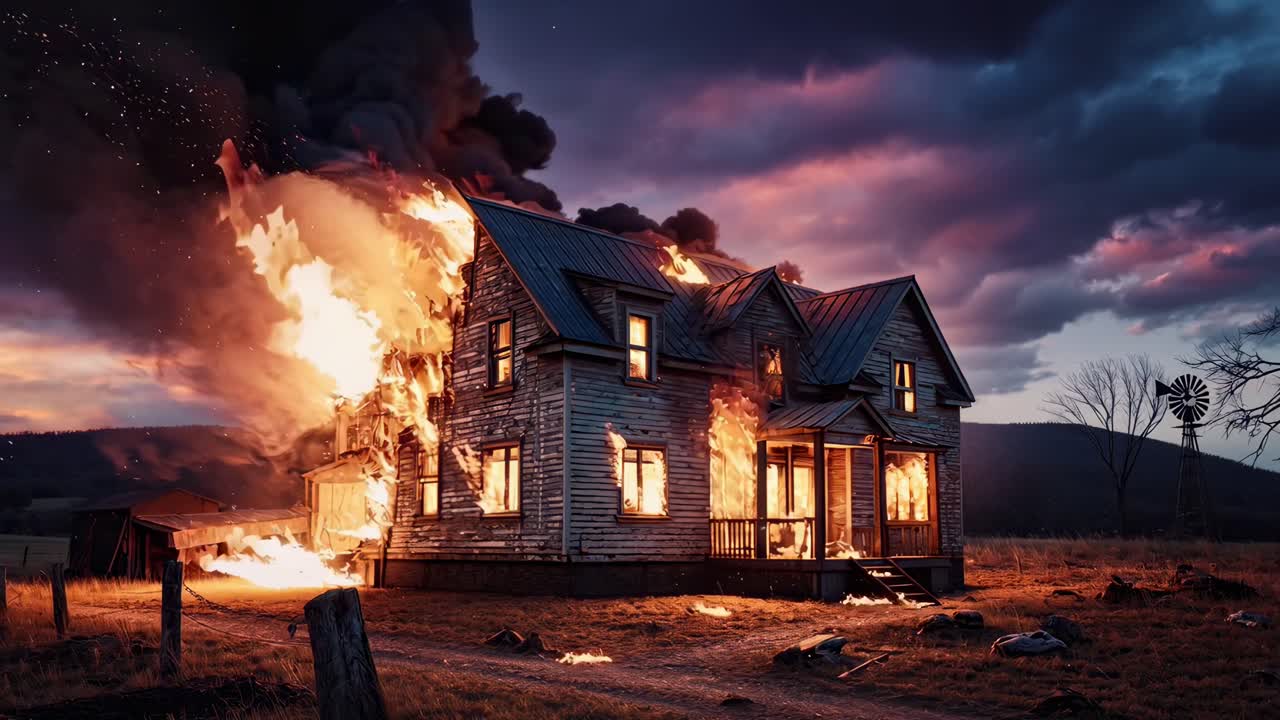 Scena video drammatica di una casa avvolta dalle fiamme al tramonto, ripresa dal basso.