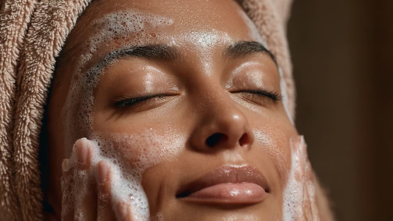 Relaxing Cleansing Routine: A Woman Enjoys a Luxurious Foam Facial Wash, Embracing Self-Care with a Calm Expression, Highlighting Skin Care and Facial Cleaning