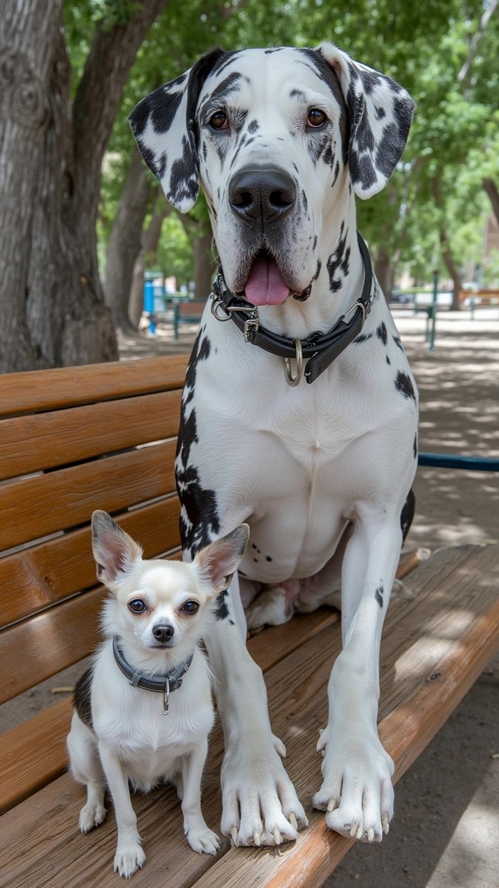 Toma vertical de un enorme Gran Danés manchado y un pequeño Chihuahua sentados en un banco de parque.