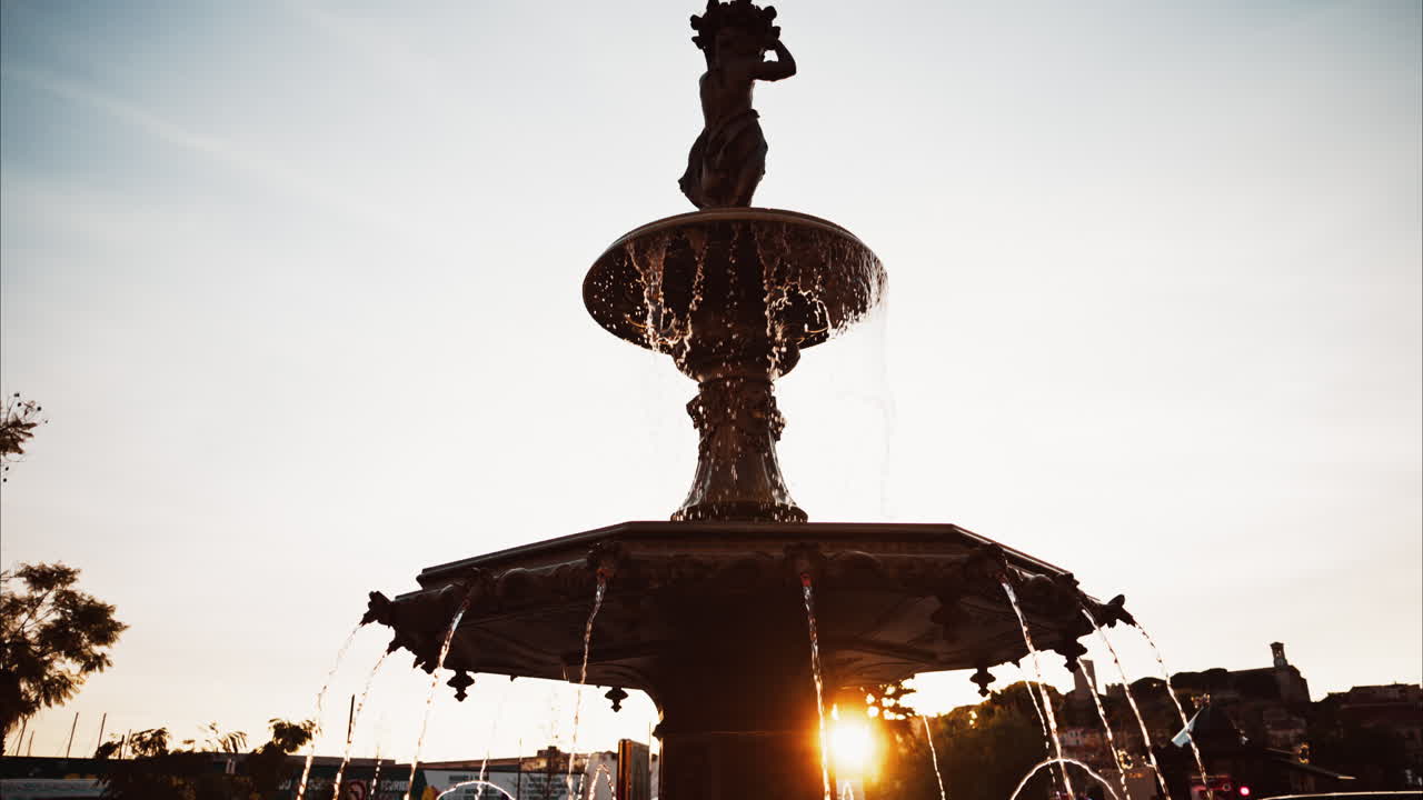 Cannes, France - December 14, 2024: Water fountain at the Place Charles de Gaulle at sunset