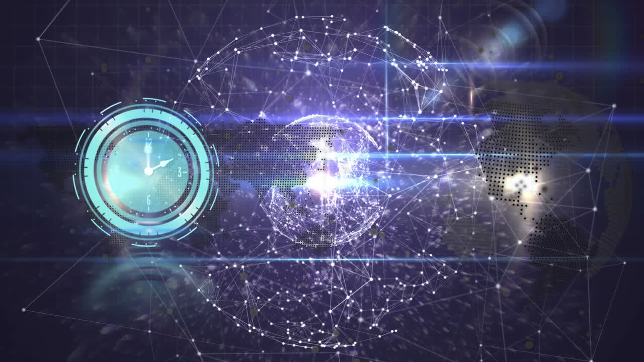 Animation of neon ticking clock and globe of network of connections against black background