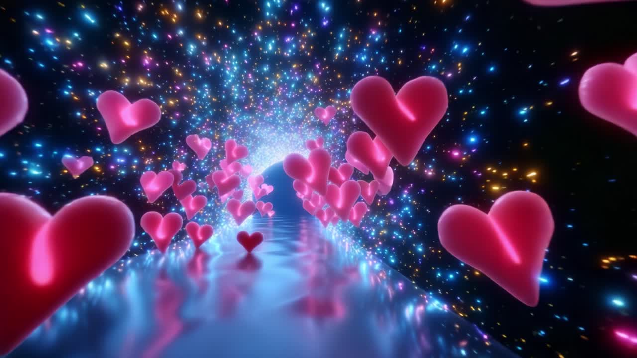 A Magical Journey Through a Tunnel of Floating Hearts Brightly Illuminated in Sparkling Colors, Creating a Dreamy Atmosphere Filled with Love, Enchantment, and Wonder, Inviting All Who Enter to Experience Romance