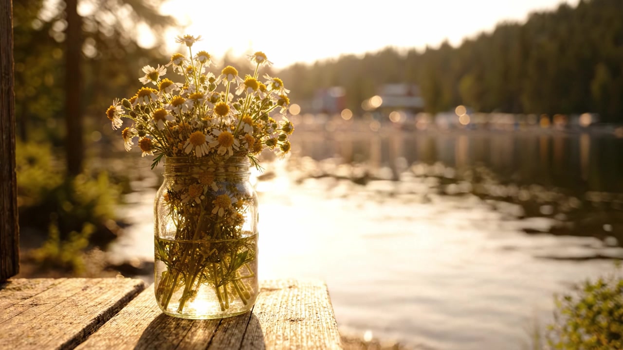 A serene moment captured: a glass jar filled with wildflowers sits on a wooden surface overlooking a tranquil lake during golden hour, inviting warmth and peace.