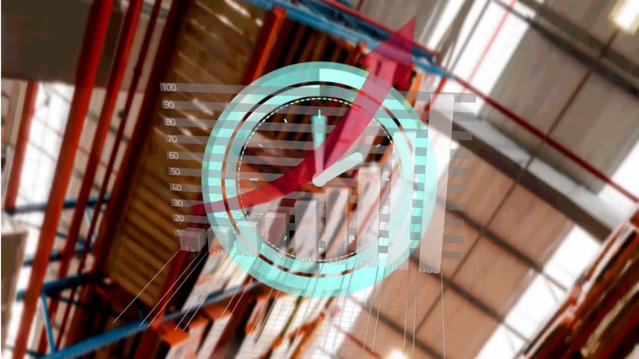 animación del reloj y el procesamiento de datos en los estantes del almacén