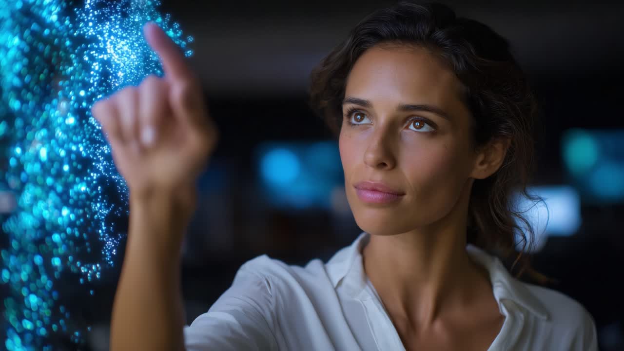 Interação envolvente com uma exibição de luz azul brilhante: uma mulher faz um gesto impressionante, mostrando tecnologia e imaginação além do comum