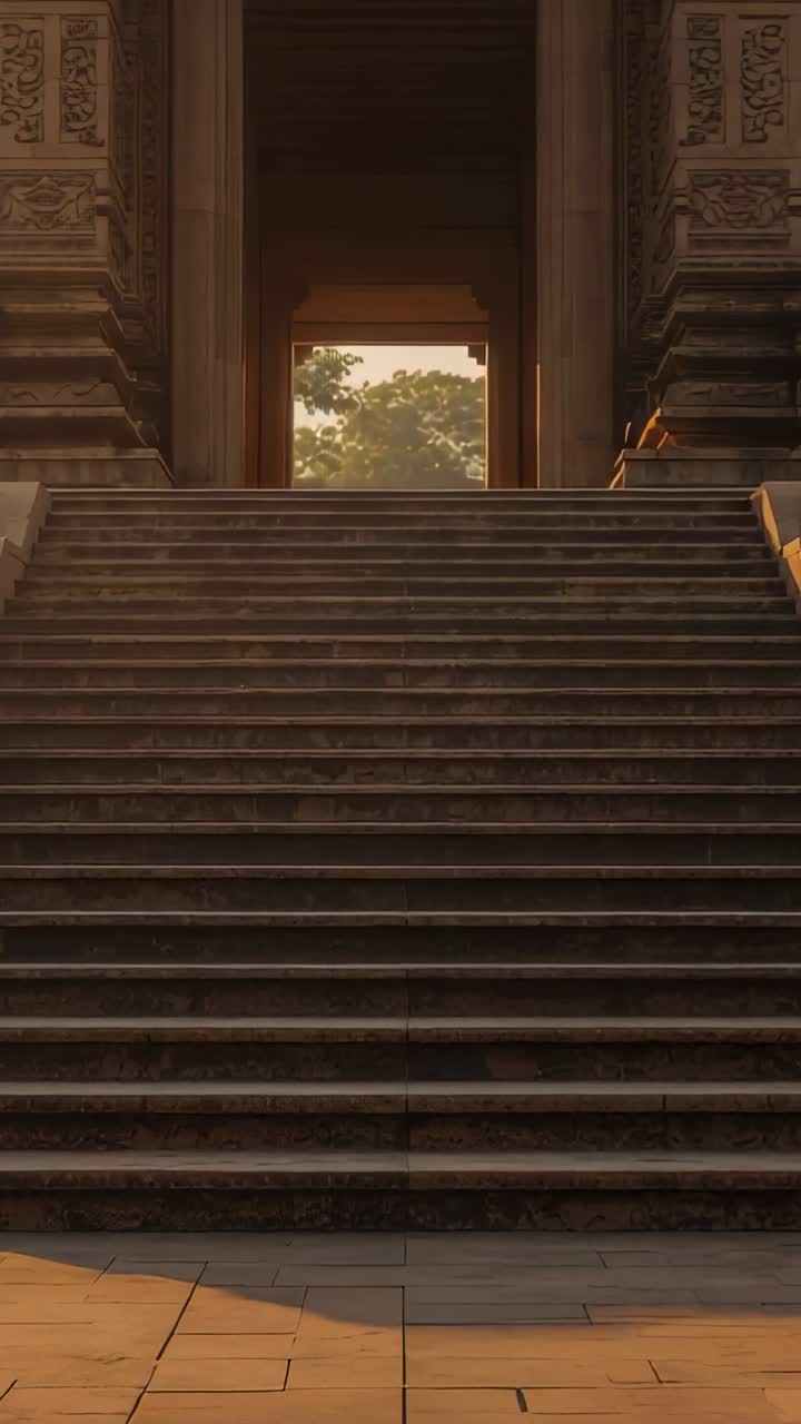 Vídeo vertical: luz desde un ángulo bajo que ilumina la escalera central y la entrada del templo, dejando ver las copas de los árboles