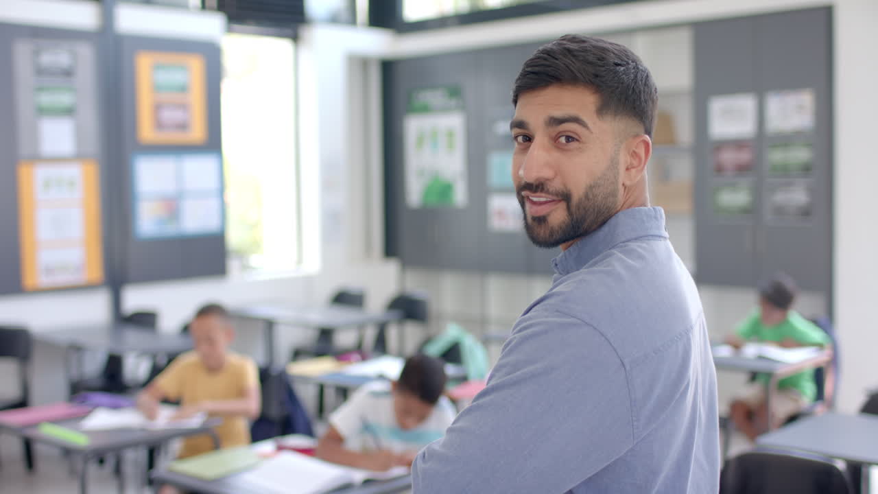 Young Asian man in a classroom setting, with copy space, in school