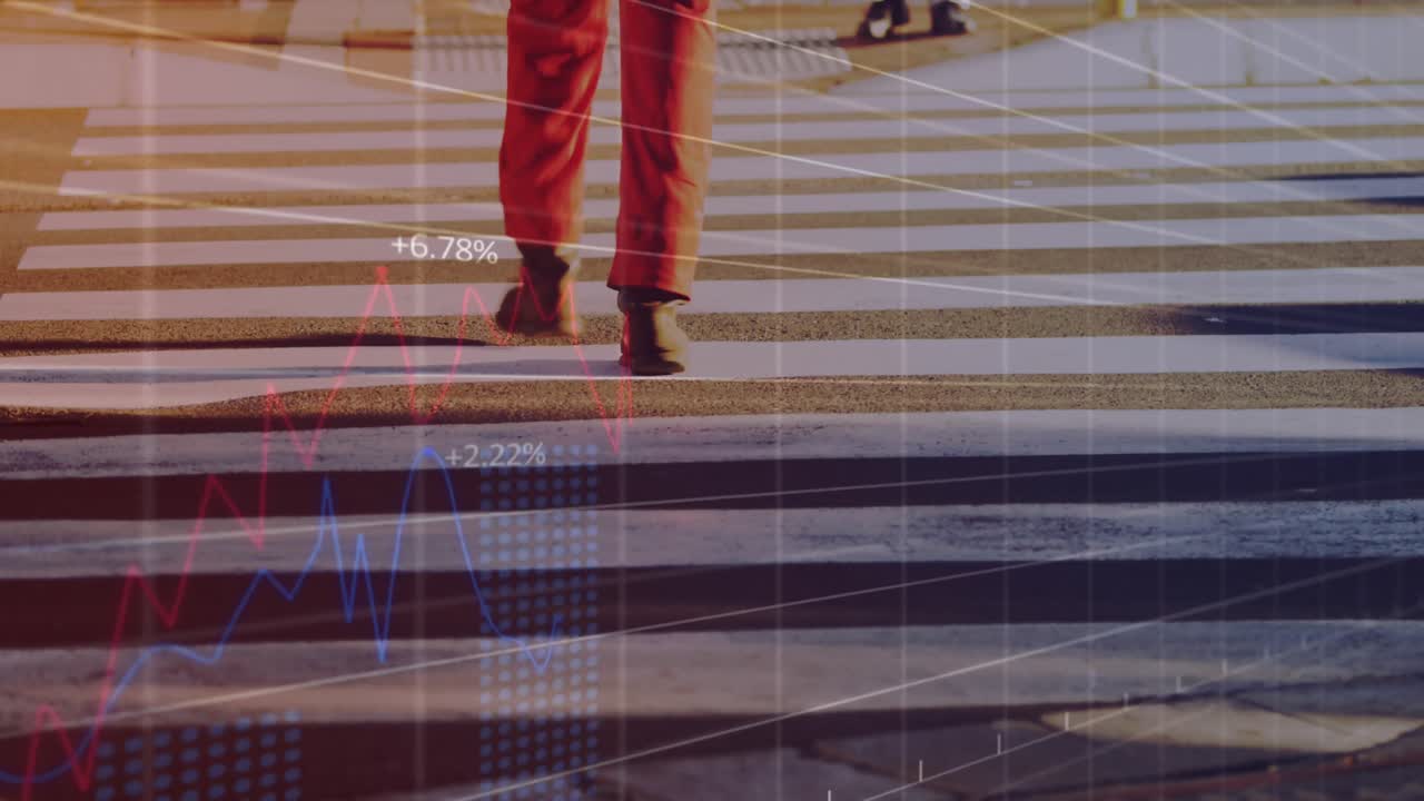 animación del procesamiento de datos financieros sobre el cruce de cebra en la calle de la ciudad