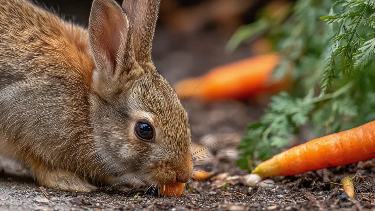 A Close-Up Encounter with Nature: A Curious Rabbit Enjoying Fresh Carrots Amidst Vibrant Greenery in a Tranquil Garden Setting