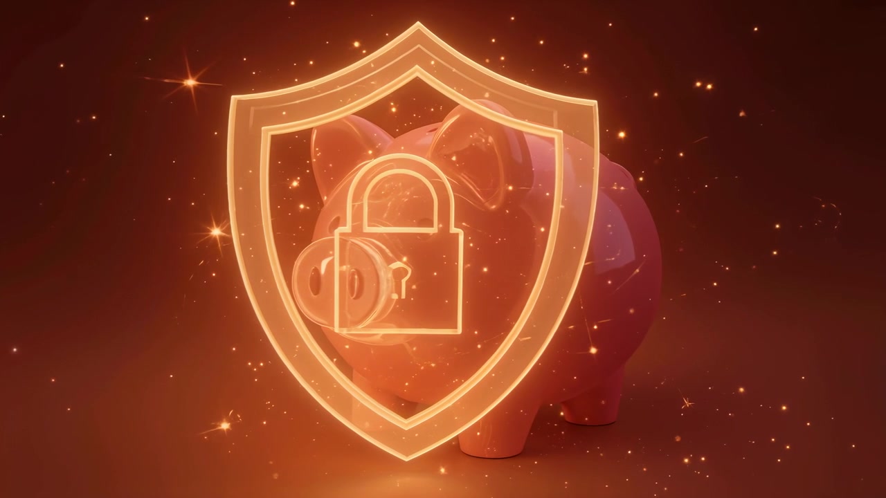 Faint outline appearing, shield-lock forming over pink piggy bank in studio, protecting savings