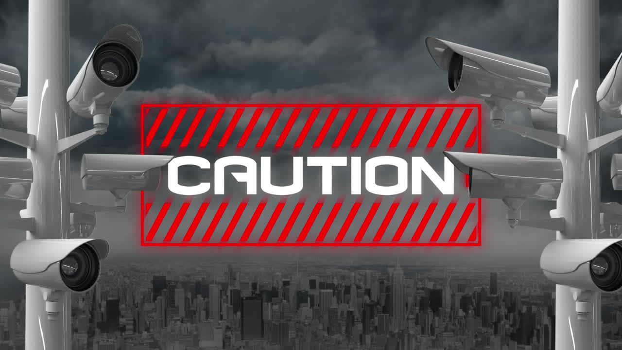 Word Caution written with camera moving with in the background.