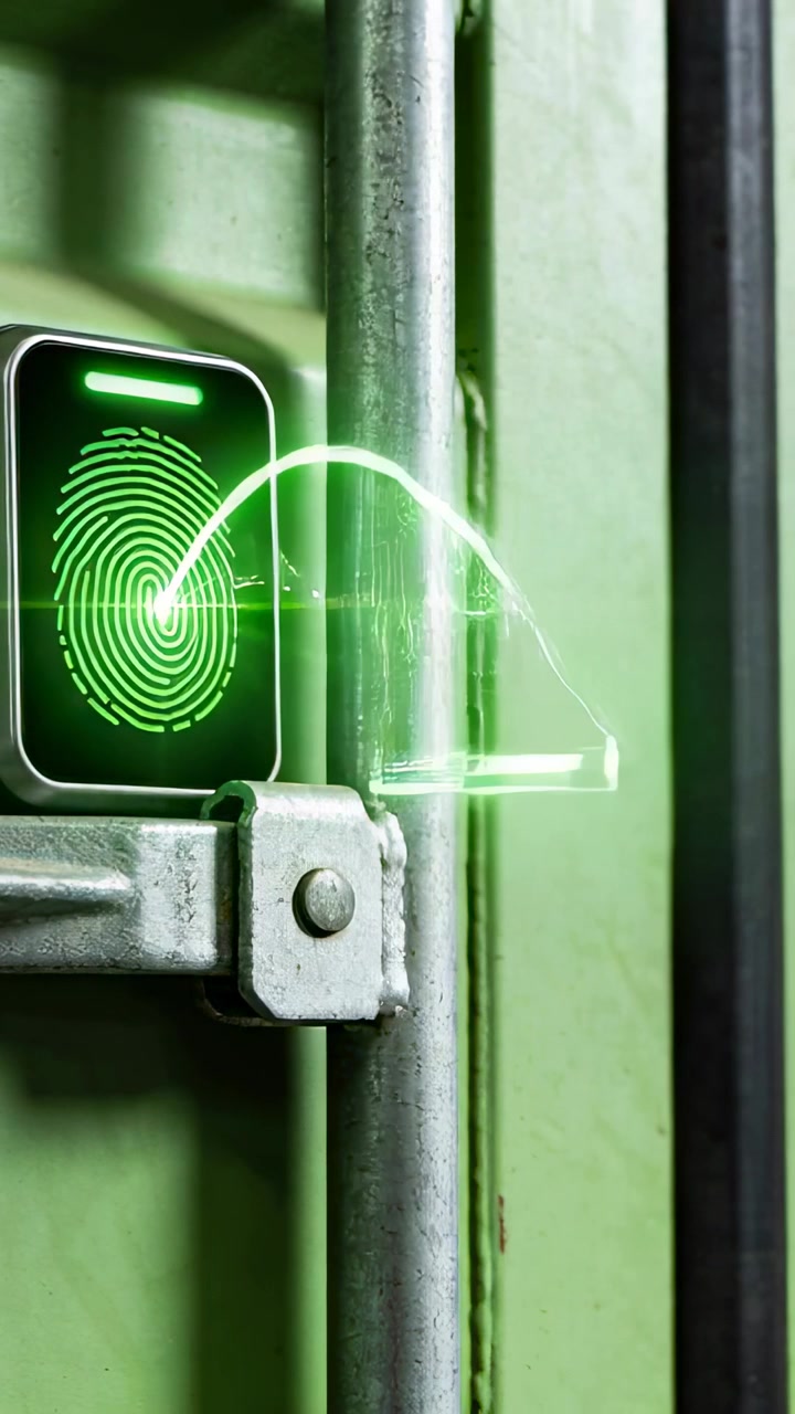 Vertical video: Moving finger tapping sensor on green hasp, projecting scan, unlocking, copy space