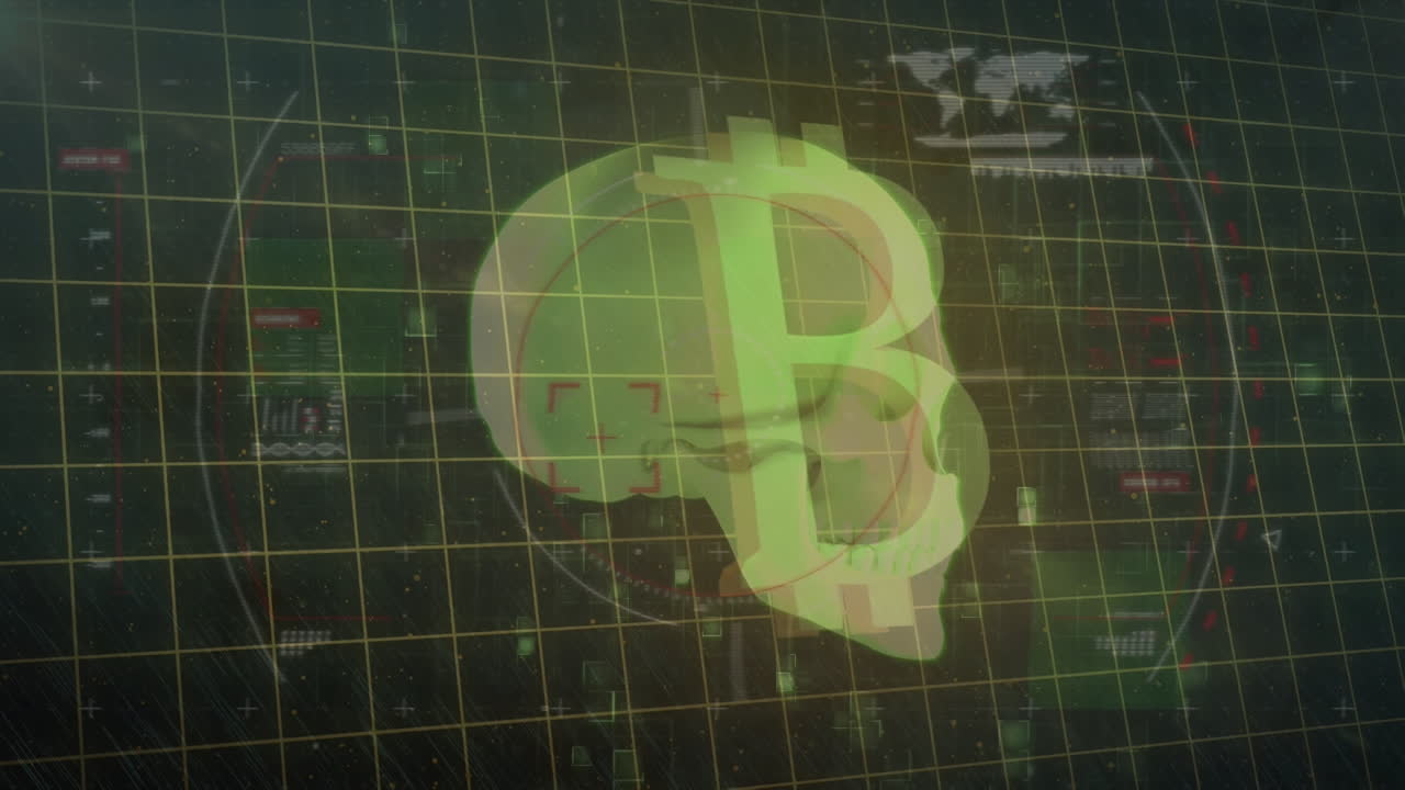 검은 바탕에 데이터 처리를 통해 두개골과 비트코인의 애니메이션