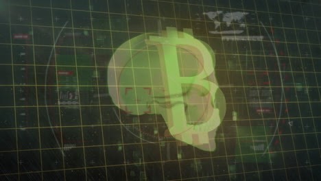 animación de cráneo y bitcoin sobre el procesamiento de datos en fondo negro