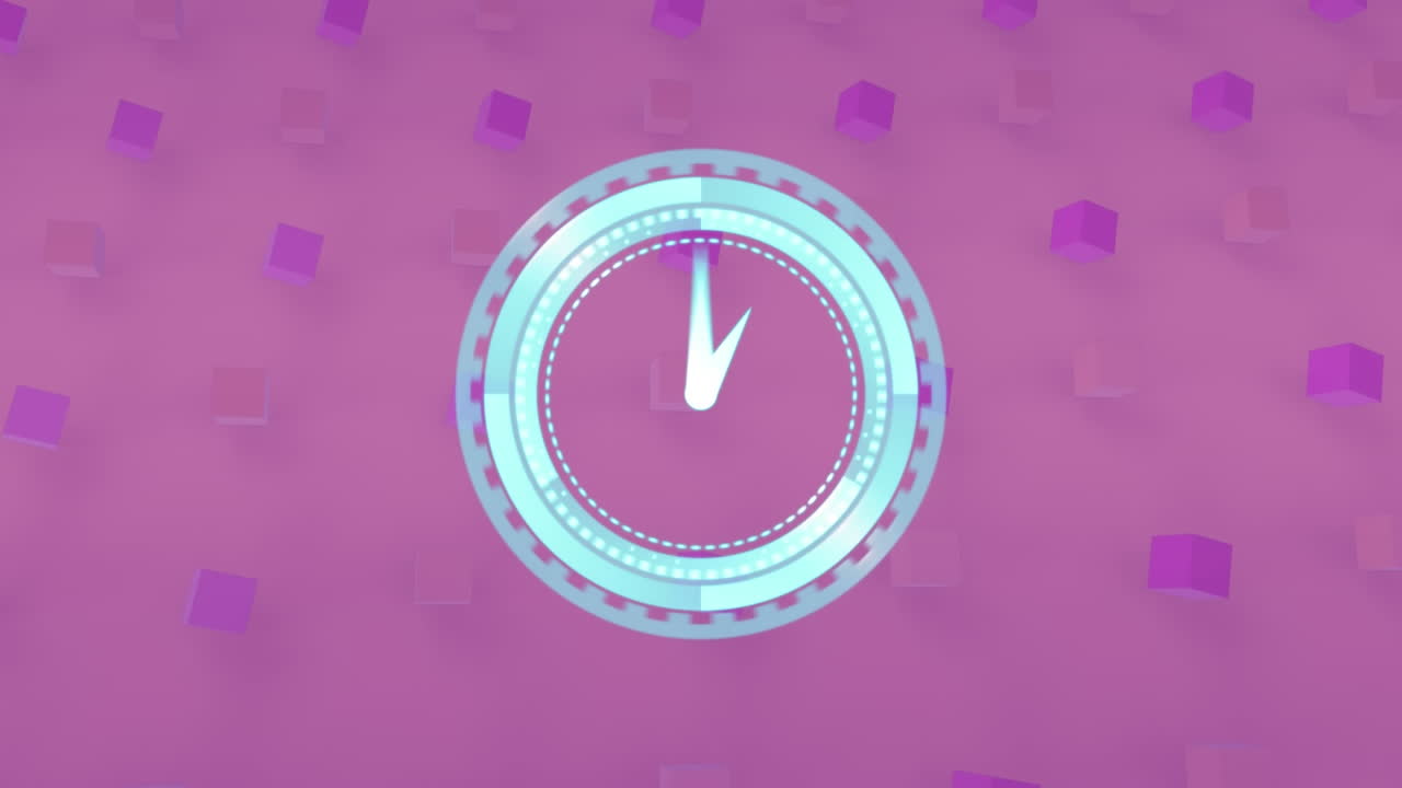 Animation of clock moving fast over rows of pink and purple cubes on purple background