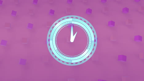animación de un reloj moviéndose rápidamente sobre filas de cubos rosados y púrpuras sobre un fondo púrpura