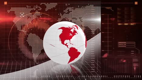 Animation-of-globe-and-world-map-over-data-processing-on-red-background