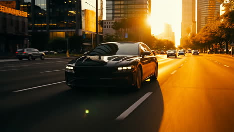 black car driving through city at sunset
