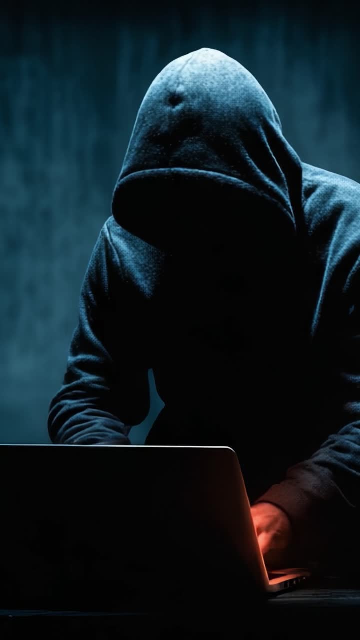 Una figura misteriosa impegnata in attività di codifica o hacking di notte con un laptop, avvolta nell'oscurità e retroilluminata per un effetto drammatico