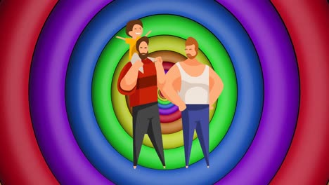 animation of male couple with child over rainbow circles and colours moving on seamless loop