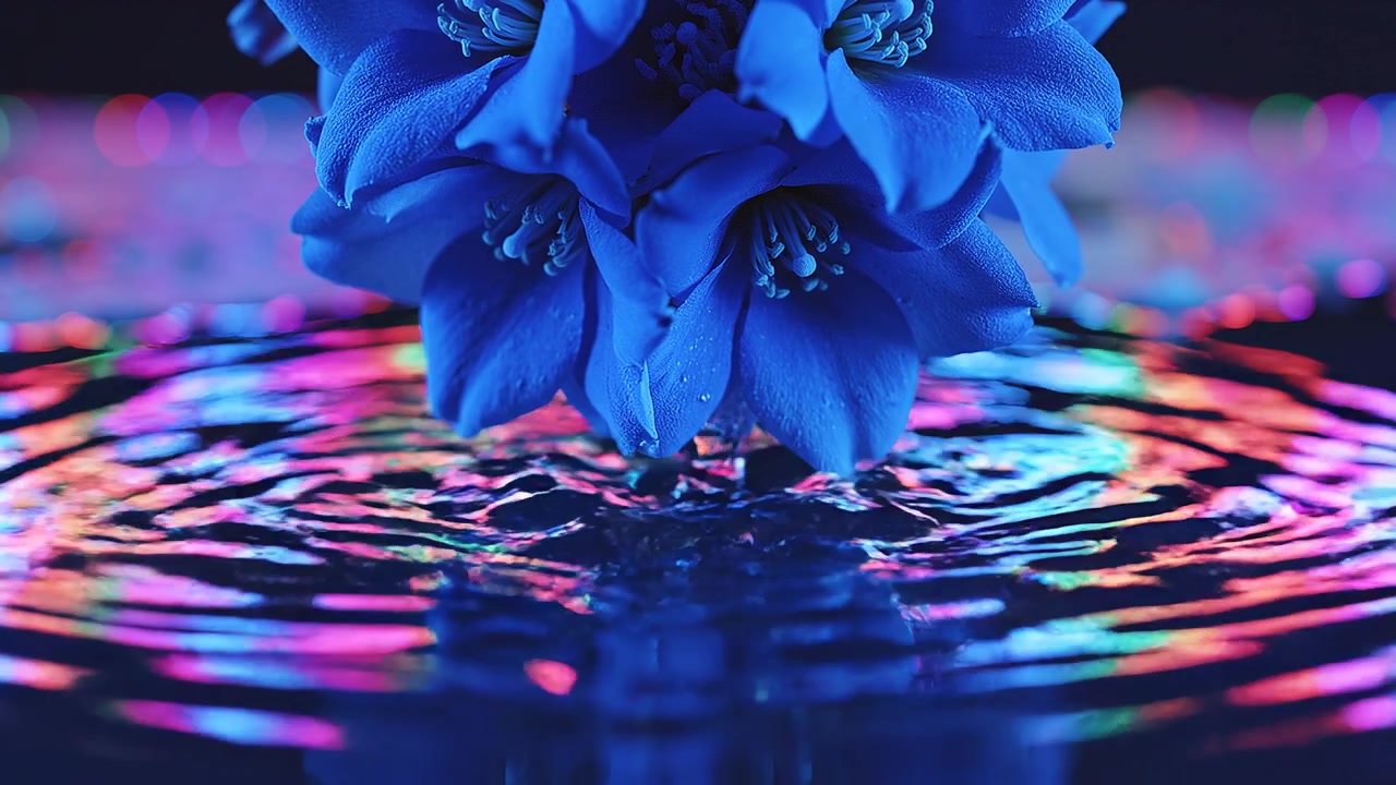 Vibrant Blue Flowers Reflecting on Water with Colorful Bokeh Background