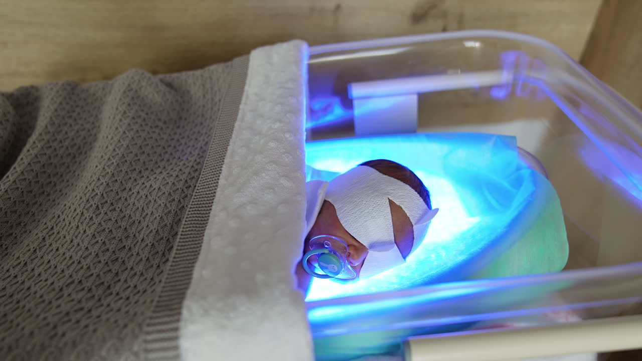 Caucasian baby with protective bandage on eyes lies in a hospital crib. Infant having a phototherapy from jaundice.