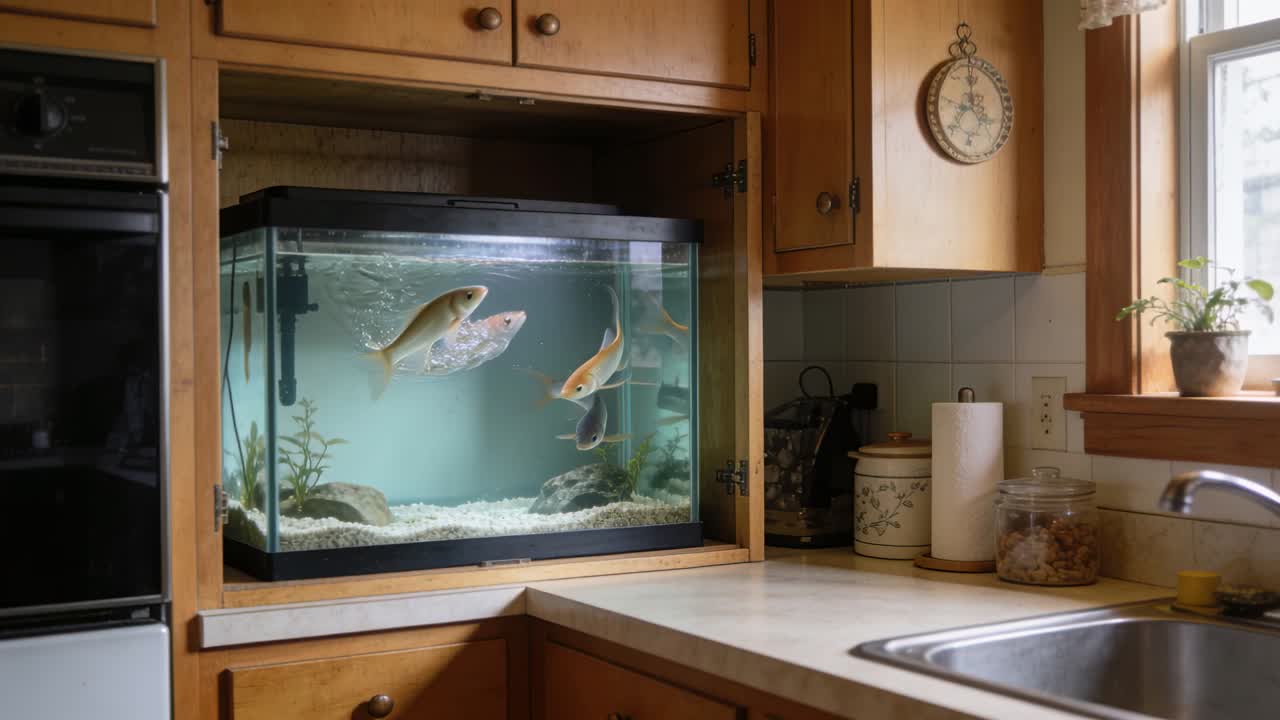 Opstijgende aquariumvissen verzamelen zich nabij het wateroppervlak in een keukenhoekje, rimpelingen creërend met een verwarmingselement.