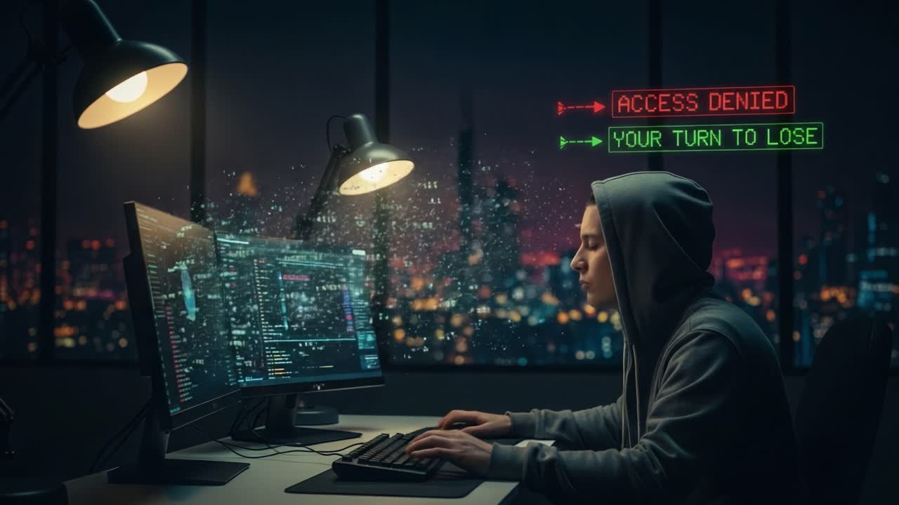 A tense moment unfolds as a focused individual grapples with a digital setback, confronted by alerts declaring 'ACCESS DENIED' and 'YOUR TURN TO LOSE,' in a futuristic urban setting.