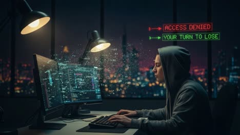 a tense moment unfolds as a focused individual grapples with a digital setback, confronted by alerts declaring 'access denied' and 'your turn to lose,' in a futuristic urban setting.
