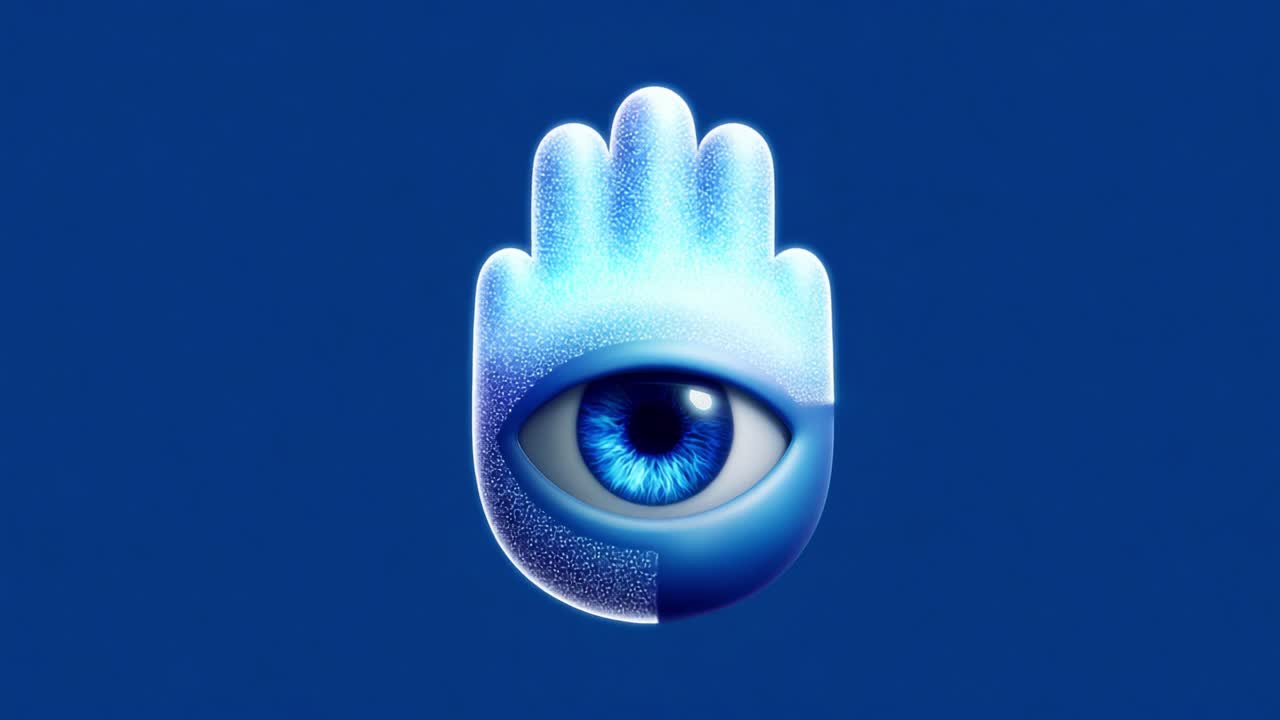 A mesmerizing digital design featuring a stylized hand with a striking blue eye at its center, set against a vibrant blue background, symbolizing perception and intuition