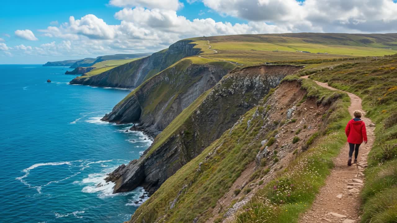 Person Walking on a Scenic Coastal Cliff Path Overlooking the Ocean