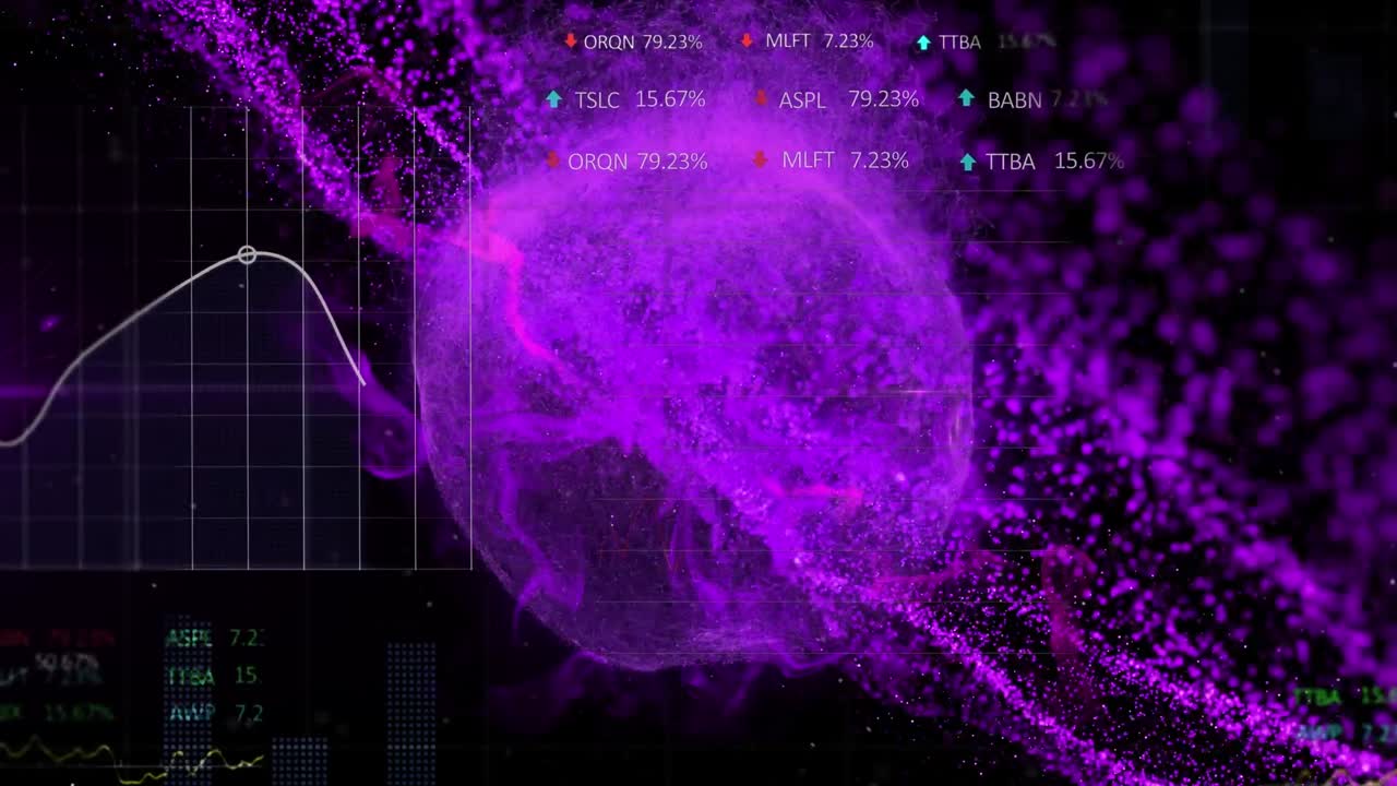 Animation of purple globe with data processing over glowing computer servers