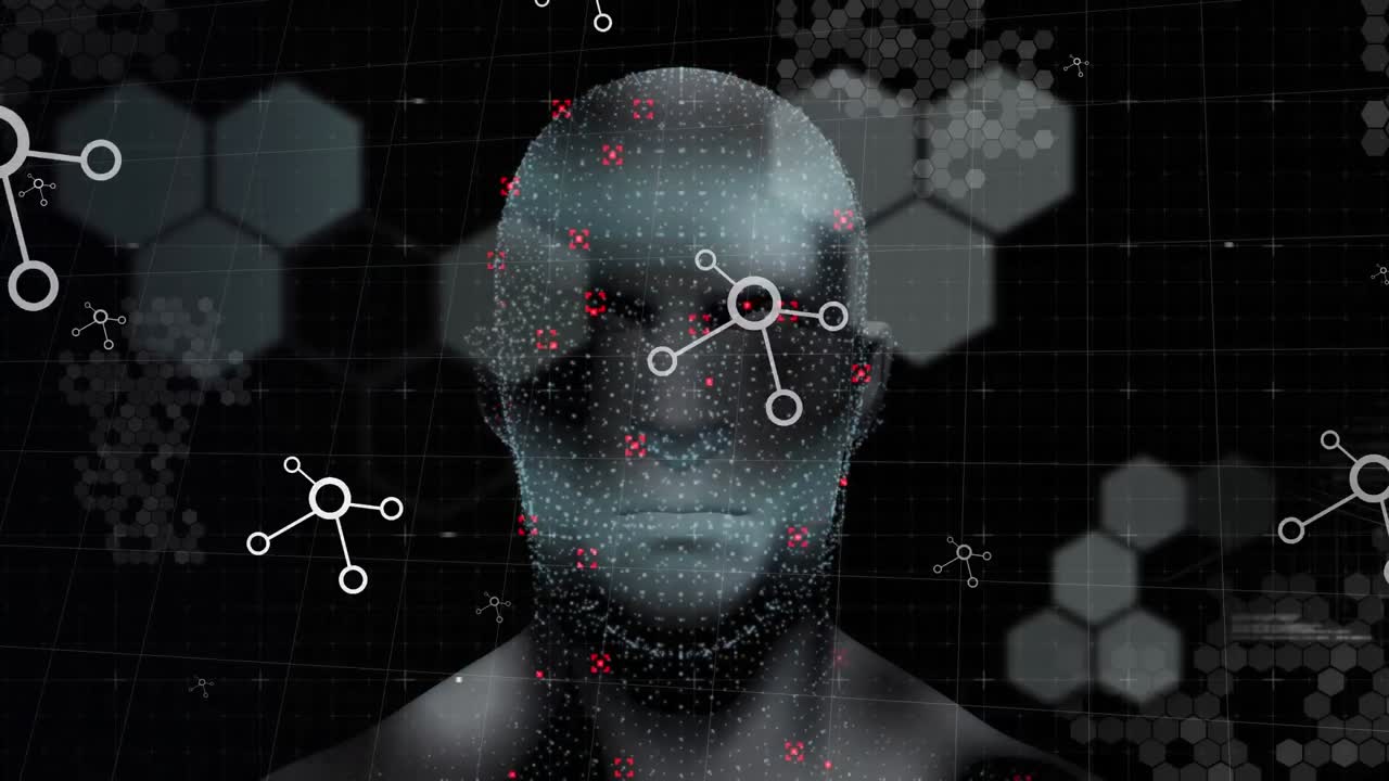 Animation of digital head and data processing on black background
