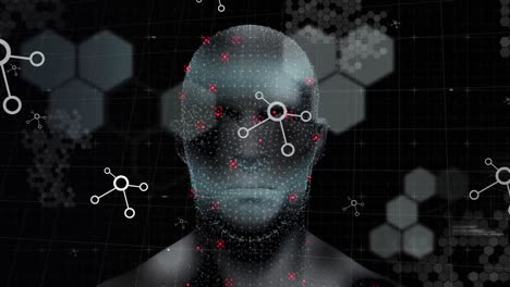 animation of digital head and data processing on black background