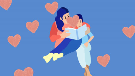 animation of caucasian mother reading to son over blue background with hearts