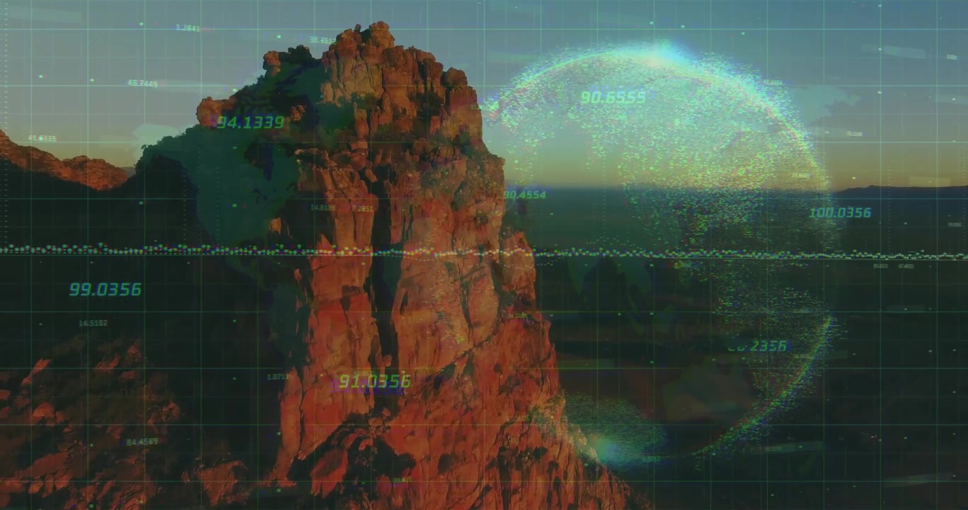 Rocky mountain landscape with digital data and globe animation overlay