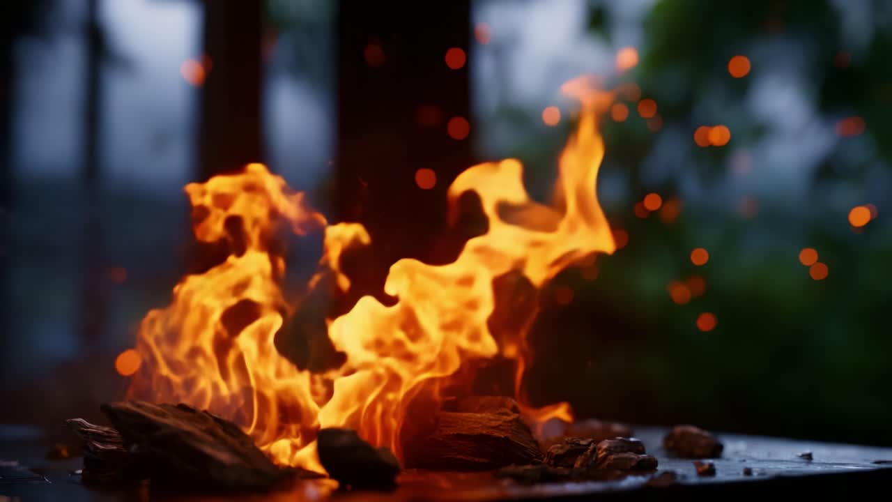 Fiamme affascinanti danzano in un ambiente rustico, creando uno spettacolo ipnotico di fuoco, scintille e legno, avvolgendo la scena con calore e atmosfera