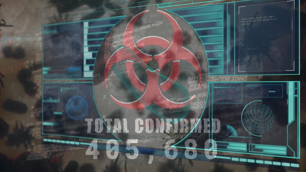 animación del icono de riesgo biológico y la interfaz digital sobre las células de covid