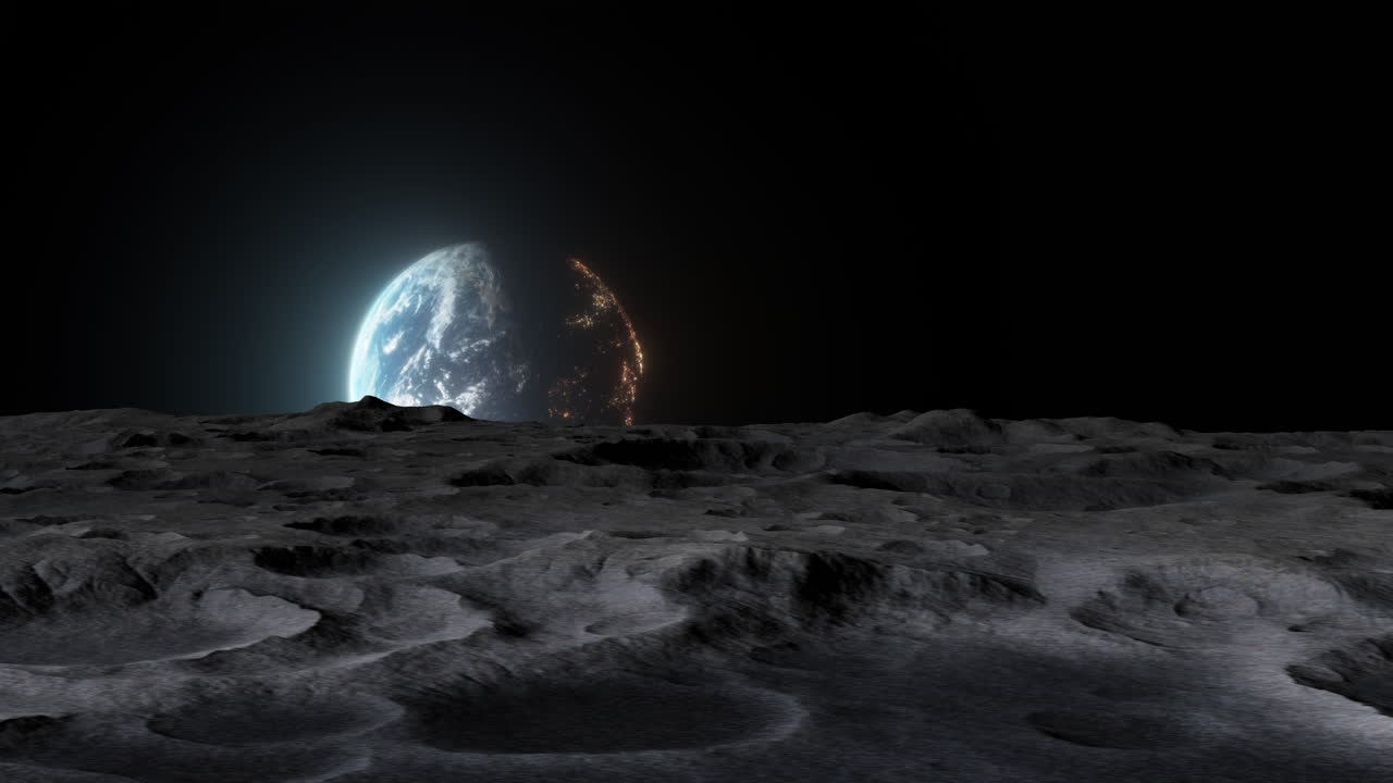Bright Glowing Earthrise casting light on moon surface illuminating deep impact crators with dark shadows. Ideal for stories about sustainability, NASA's Artemis mission, lunar colonization