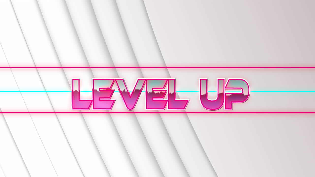 회색 배경에 기하학적 줄무 ⁇  텍스처 패턴에 대한 레벨 업 텍스트 배너의 애니메이션