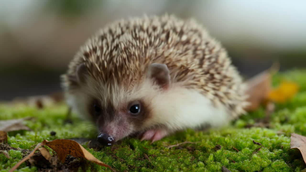 Winziger Igel auf grünem Moos erkundet. Nahaufnahme eines Baby-Igels, der die Schnauze durch feuchtes Moos schiebt