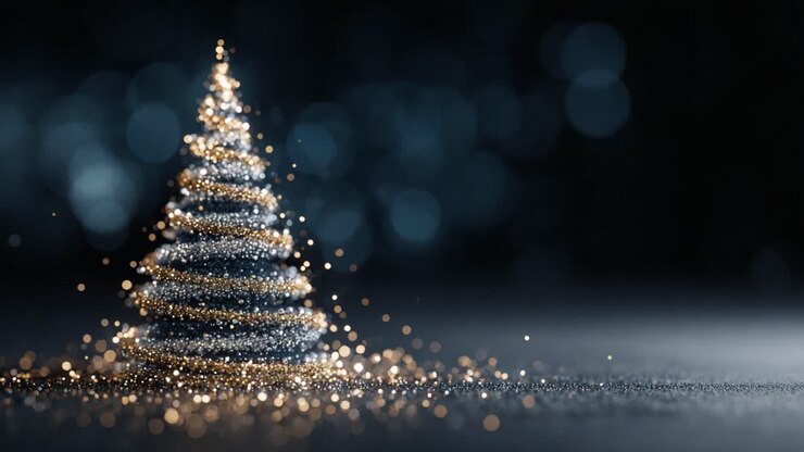 A Sparkling Christmas Tree: A Beautiful Glimpse of a Stylishly Decorated Holiday Tree Covered in Glitter and Shimmering Lights, Enchantingly Captured in a Magical Ambiance