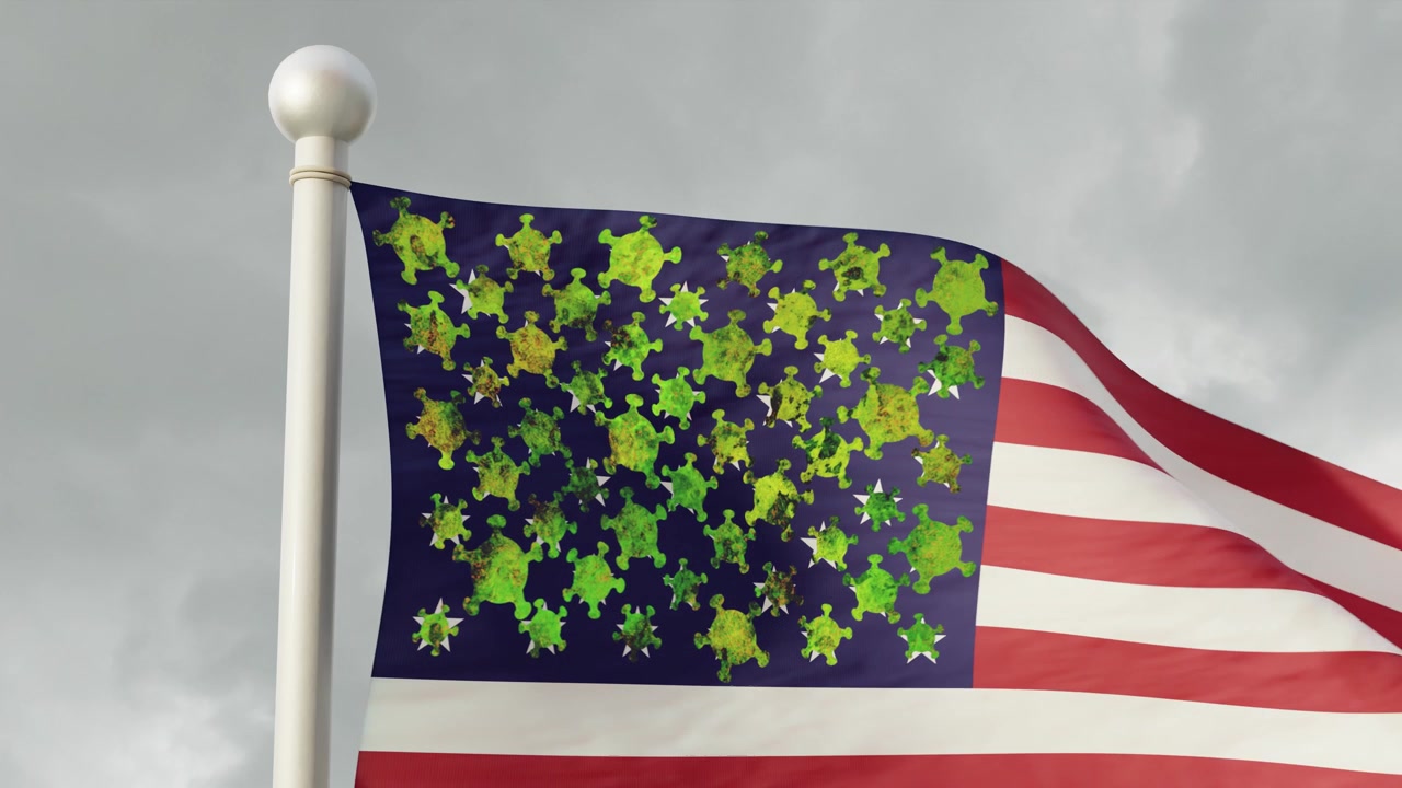 Slow motion close up shot on a United States flag waving against a cloudy background with viruses spreading over it