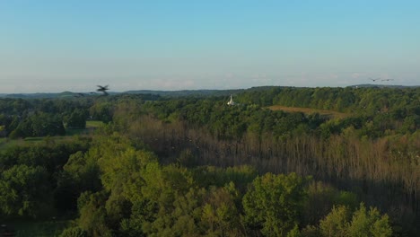 los pájaros vuelan alrededor de un dron cerca de la granja de la familia joseph smith, el templo en el fondo junto a la casa de marcos, el centro de visitantes y la arboleda sagrada palmyra lugares de origen de nueva york y el libro de mormón